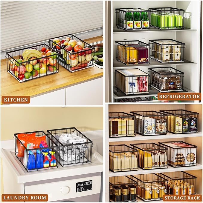 Large Freezer Organizer Bins, Upgrade One-Touch Open/Close, 4 Pack Big Stackable Deep Freezer Organizer Bins, Black Wire Foldable Baskets with Handles, for 5 to 7 Cu.FT Deep Freezer Sort Frozen Meats