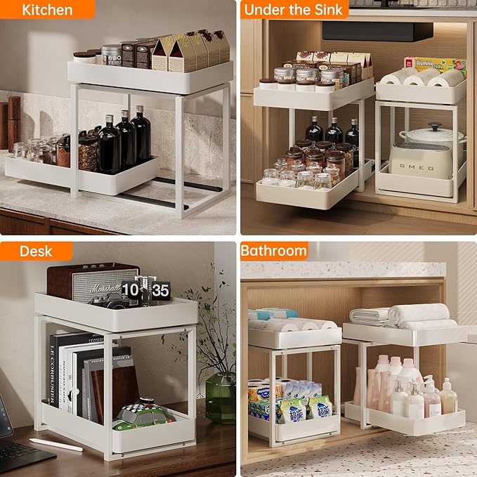 2 Tier Pull Out Cabinet Organizer with Sliding Basket Bathroom Cabinet Organizer, Bathroom Kitchen Multi-Purpose Under Sink Organizer and Storage Cabinet in Metal 1 pack