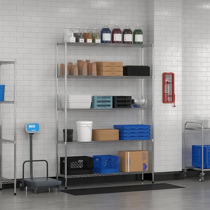 Commercial NSF Listed Chrome Stationary Wire Shelving Kit 14" x 60" x 86", with 5 Shelves Perfect for Warehouse, Walk-in Refrigerator, Freezer, Grocery Store, Restaurant, Dishroom