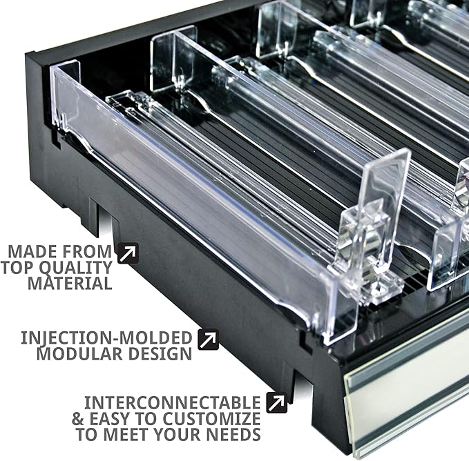Azar Displays 225830-SHORT-BLK Adjustable Short Divider Bin Cosmetic Tray with Pushers - Customize Slot Size to Product, Black 2-Pack