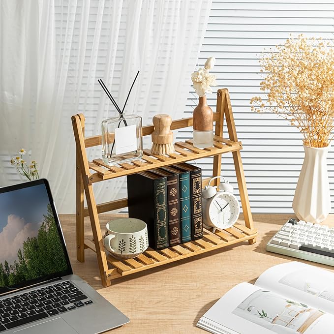 Matcha Station Shelf,15.7'' Coffee Station Organizer, 2 Tiers Bamboo Mug Holder Countertop,Desktop Flower Pot Rack for Home Living Room Window Sill Foldable Display Storage Shelf(Wood)