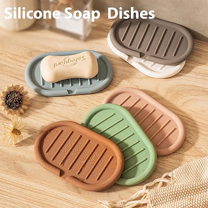 Self-Draining Oval-Shaped Silicone Soap Dish, Soap Holder/Tray/Saver for Shower, Bathroom, Kitchen, Keep Soap Dry, Easy to Clean (2, Dark Color)
