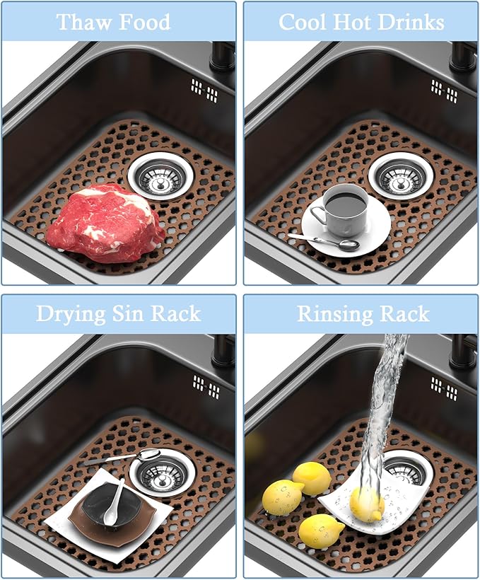 BEHOK 2 Pack Silicone Sink Protector for Kitchen Sink Bathroom, 13.58" x 11.6" Heat-resistant Sink Mat Non-Slip and Durable Silicone Protectors, Rear Drain, Coffee
