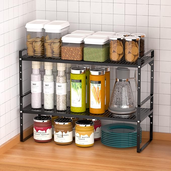 Expandable Kitchen Cabinet Shelf Organizer 2 Pack, Stackable Metal Pantry Storage Shelves, Adjustable Counter Shelf Organizer Rack for Kitchen Cabinets, Cupboard, Countertop, Closet, Black