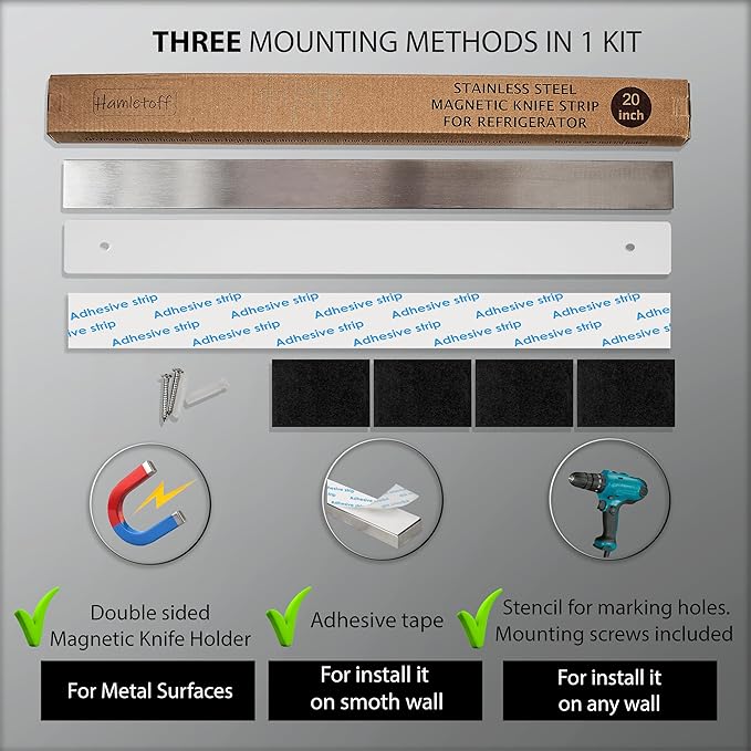 Premium Magnetic Knife Holder for Refrigerator – 20 Inch Professional Double Sided Magnetic Knife Strip for Fridge - Stainless Steel Magnetic Knife Holder for Wall Self Adhesive