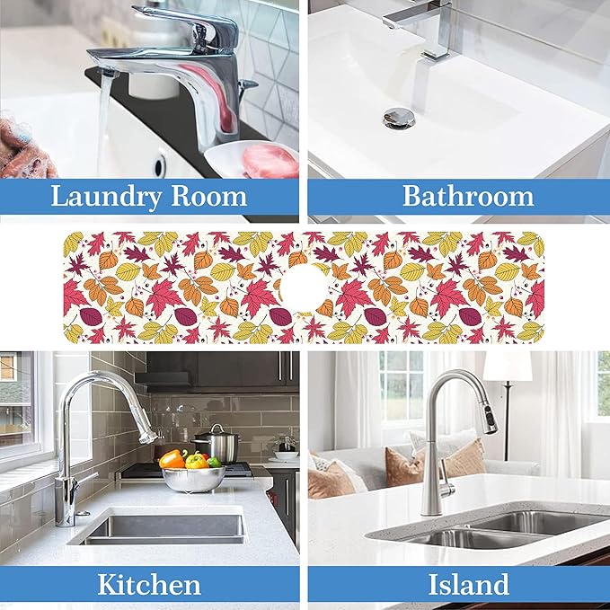 Faucet Mat Splash Guard Autumn Colorful Leave, Soft Diatom Mud Material, Strong Water Absorption, Non-slip,Easy to Clean for Bathroom, Kitchen 23.5"X5.5"