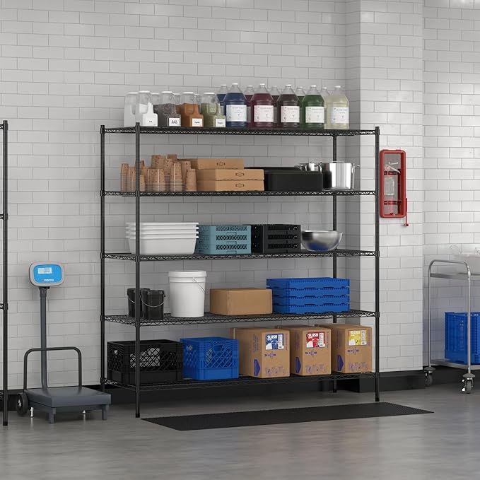 Commercial NSF Listed Black Epoxy Stationary Wire Shelving Kit 24" x 72" x 74", with 5 Shelves Perfect for Warehouse, Walk-in Refrigerator, Freezer, Grocery Store, Restaurant, Dishroom
