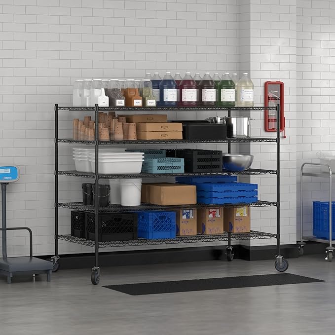 Commercial NSF Listed Black Epoxy Mobile Wire Shelving Kit 36" x 72" x 60", with 5 Shelves Perfect for Warehouse, Walk-in Refrigerator, Freezer, Grocery Store, Restaurant, Dishroom