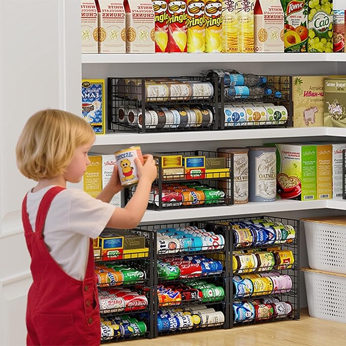 2-Pack Stackable Can Organizer for Pantry, Adjustable Can Holder Rack for Canned Food Soda Drink Goods Storage up to 36 Cans Storage, 2 Tier, Black