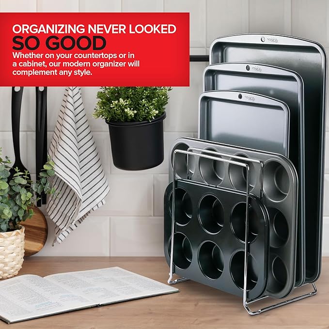 Stock Your Home Chrome Steel Baking Pan Organizer Rack 8 Pack Extra Tall Holder for Cabinet or Counter Stores Cookie Sheets Muffin Tins and Cutting Boards