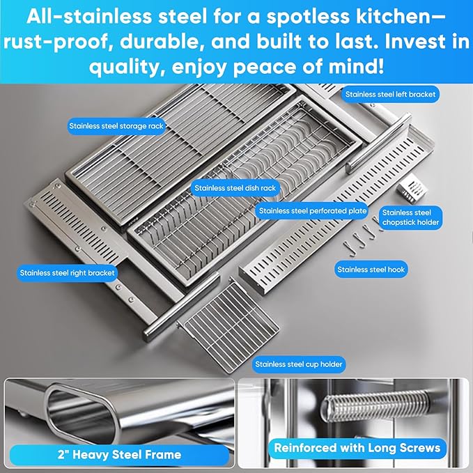 Large Over The Sink Dish Drainer Drying Rack,2 Tier Large Capacity Stainless Steel Dish Drying Rack Over Sink, Multifunctional Kitchen Organizers and Storage Dish Rack 304 Silver, Double Layer)