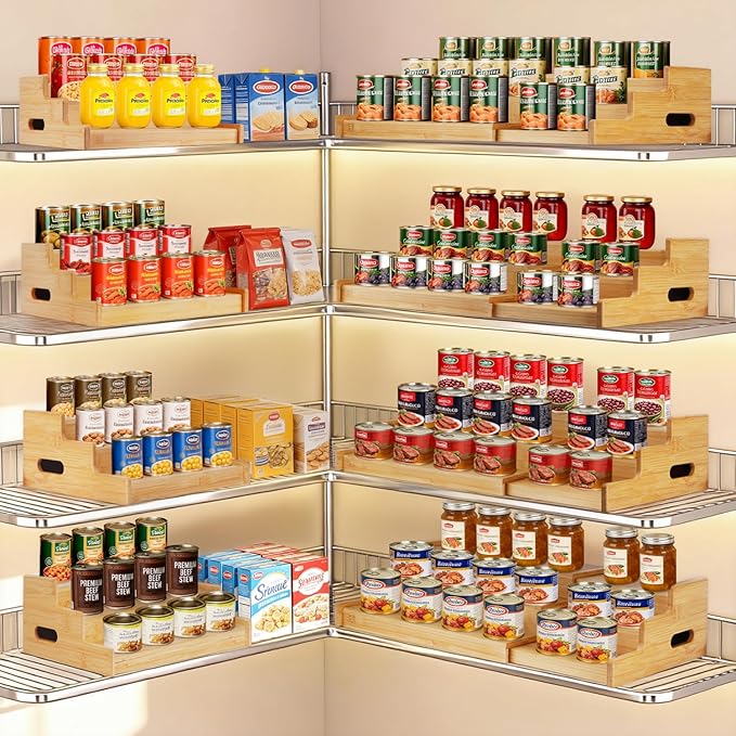 Bamboo Expandable Can Rack Organizer for Pantry, Stackable 3 Tier Canned Food Organizers and Storage, Kitchen Cabinet, Can Holders Dispensers for Pantry Up To 24 Cans