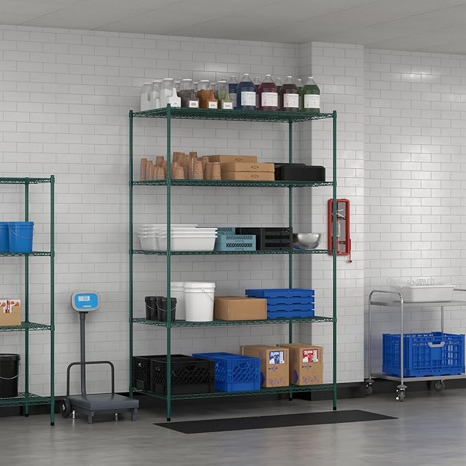 Commercial NSF Listed Green Epoxy Stationary Wire Shelving Kit 30" x 60" x 96", with 5 Shelves Perfect for Warehouse, Walk-in Refrigerator, Freezer, Grocery Store, Restaurant, Dishroom