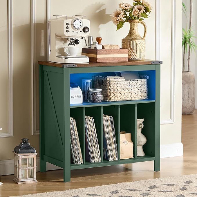 Large Record Player Table with Charger Station & LED Lights, Vinyl Record Storage Player Table up to 230 Albums, Turntable Stand with Display Shelf for Music Room Bedroom Living Room (Green)