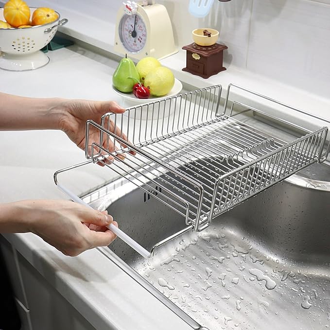 Expandable Over The Sink Dish Drying Rack – Adjustable SUS 304 Stainless Steel Dish Drainer (14"–24" Length), Rust-Resistant Large Drying Organizer, Compact Space Saving Kitchen Rack