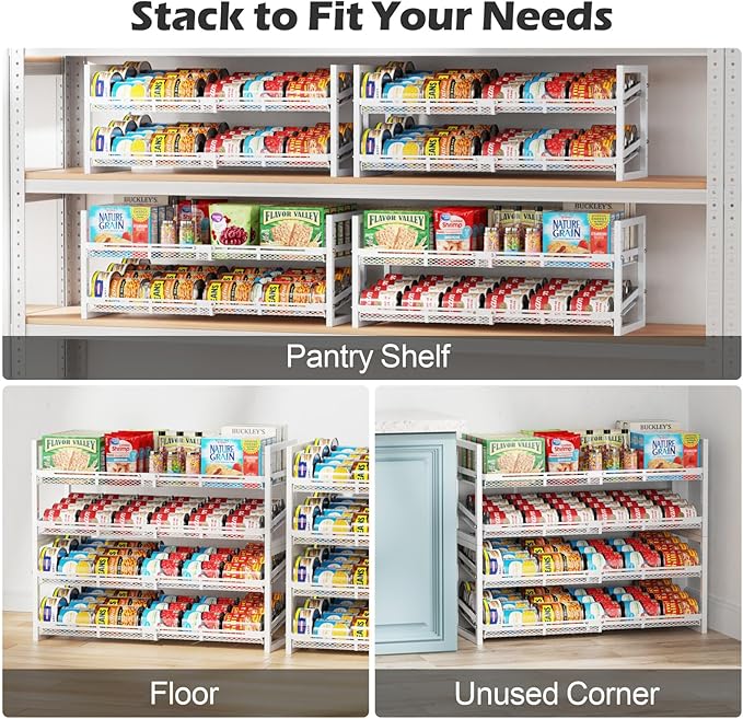 iSPECLE Extendable Can Organizer for Pantry, Adjustable Width Can Storage Organizer for 48 Cans, Heavy Duty Auto Rolling Dispenser Rack, Stackable Metal Holder for Soup Spices Snacks, White