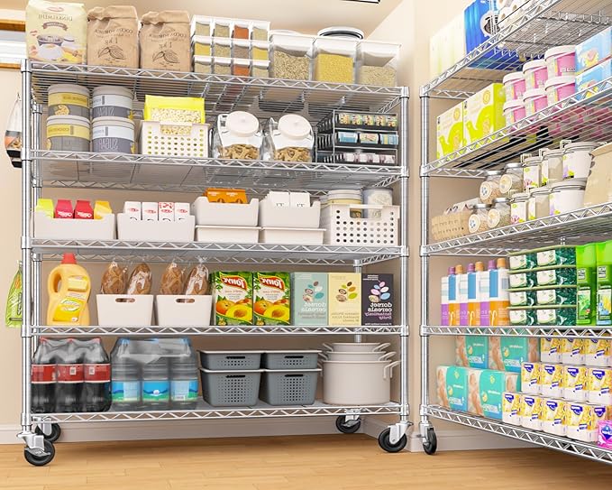 PrimeZone 5 Tier 48" Wx24''Dx81''H Wire Shelving with Wheels 3000lbs NSF Certified Storage Shelves Heavy Duty Metal Shelf Adjustable Rolling Rack Commercial Garage Restaurant Warehouse Chrome 2Pack