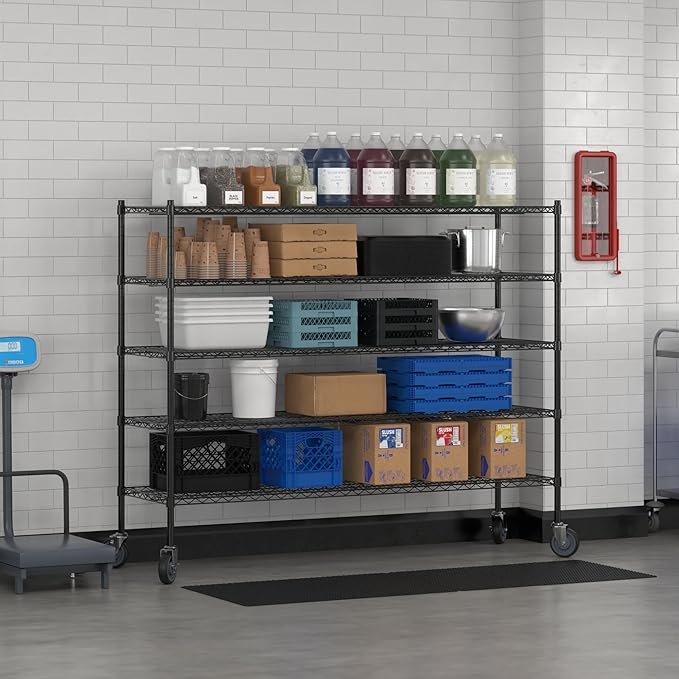 Commercial NSF Listed Black Epoxy Mobile Wire Shelving Kit 21" x 72" x 60", with 5 Shelves Perfect for Warehouse, Walk-in Refrigerator, Freezer, Grocery Store, Restaurant, Dishroom