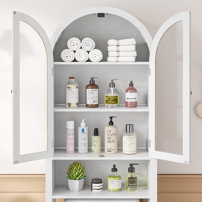 White Over The Toilet Storage Cabinet with Acrylic Doors, 4 Tier Small Bathroom Shelf Organizer, Arched Bathroom Cabinet with Adjustable Shelf, Slim Narrow Toilet Rack, Wood, Anti-Tipping Device