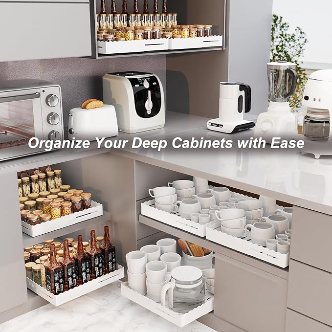 Pull Out Cabinet Organizer, Expandable Width 12"-18" Depth 13"-23" with 3 Slide Rails, No Drill Adhesive Pull Out Drawers for Kitchen and Pantry Cabinets, for Both Lip and Lip-Free Cabinets, White
