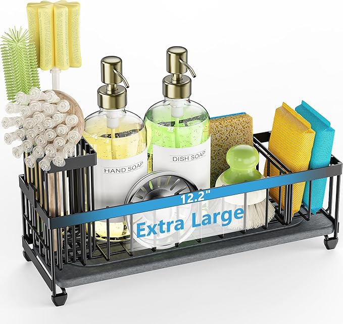 Cisily Large Sink Caddy Organizer with Towel Holder, Quick Dry Sponge Holder for Kitchen, Black Dish Brush Holder for Countertop, Kitchen Decor Storage and Essentials
