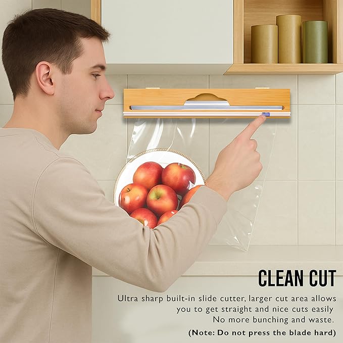 15” Bamboo Plastic Wrap Dispenser with Cutter – Aluminum Foil Dispenser with Cutter for Kitchen – Kitchen Wrap Dispenser for Plastic Wrap, Parchment Paper Roll, Fits Rolls Up to 15 Inches