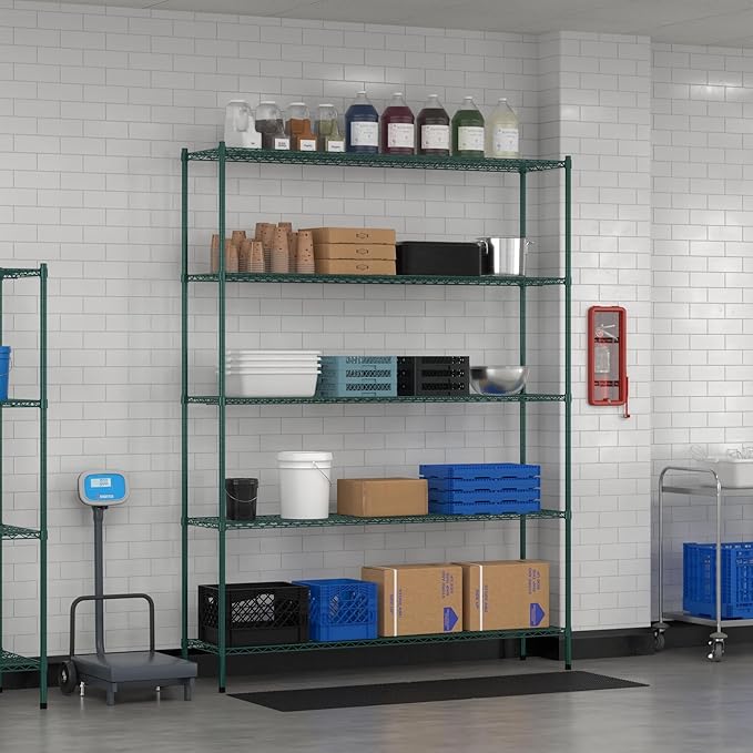 Commercial NSF Listed Green Epoxy Stationary Wire Shelving Kit 18" x 72" x 96", with 5 Shelves Perfect for Warehouse, Walk-in Refrigerator, Freezer, Grocery Store, Restaurant, Dishroom