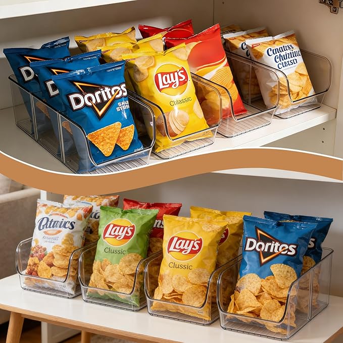 4 Pack Chip Bag Organizer for Pantry, 3-Compartment Chip Storage Containers with Detachable Dividers, Pantry Organizers and Storage for Chip and Snacks, Snack Organizer for Pantry, Fridge, and Cabinet