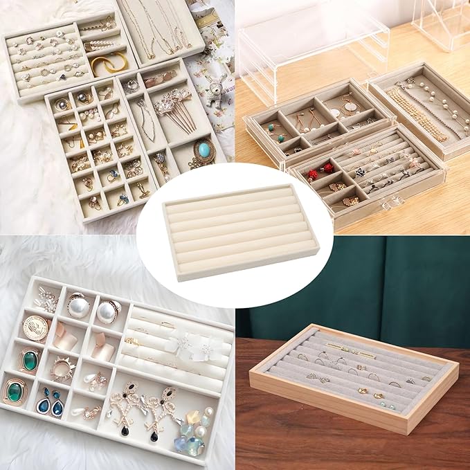 Velvet Jewelry Organizer Trays Beige Stackable Jewelry Storage Display Tray with Removable Dividers, 8 Rolls