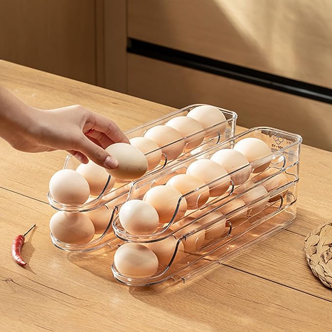 Egg Storage for Fridge 2 Tier Automatic Scrolling Egg Holder for Fridge, Stackable Space-Saving Clear Plastic Storage Container