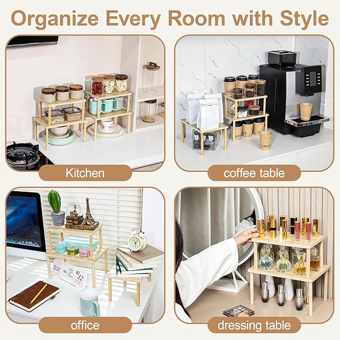 Wood Cabinet Organizer Shelf, Set of 4 Kitchen Counter Shelves, Stackable Plate Organizer for Cabinet, Pantry Cupboard Dish Mug Cup Storage Shelf