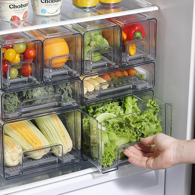 Bronkeeper Pull Out Clear Fridge Organizer Drawers with Drainer, Refrigerator Stackable Storage Bins for Kitchen Fruit & Veggie Organization (2PCS, Small)