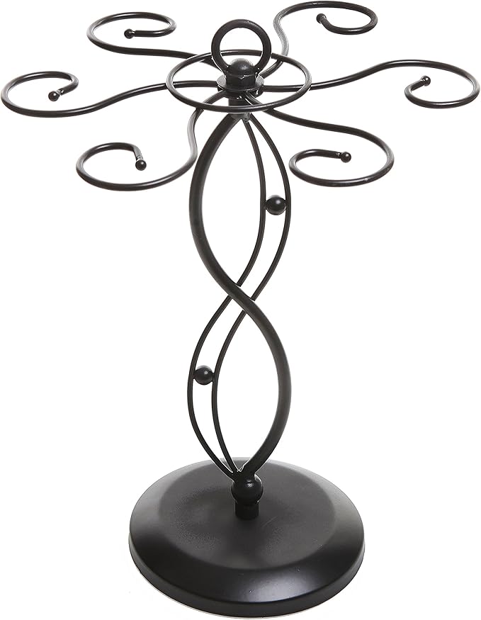 MyGift 6-Hook Rotating Wine Glass Rack with Sturdy Base & Scrollwork Design - Black Metal Countertop Stemware Holder | Rust-Resistant, Space-Saving Storage for Kitchen, Bar, Dining Table (13.75" H)