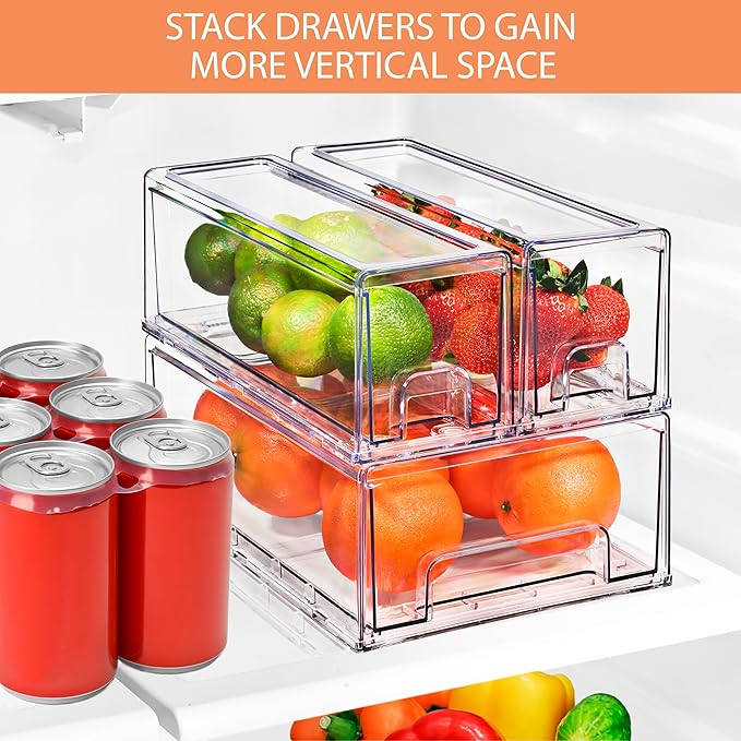 Sorbus Fridge Drawers - Clear Stackable Pull Out Refrigerator Organizer Bins - Food Storage Containers for Kitchen, Freezer, Vanity & Fridge (6 Pack | 1 Medium, 2 Small Stackable Drawer Bins)