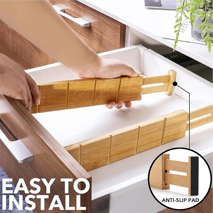 4 Pack Bamboo Drawer Dividers with Inserts and Labels – Adjustable Kitchen Drawer Organizers, Expandable Storage Solutions for Home, Office, Dressers (17-22 Inches)