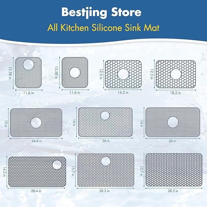 Bestjing Silicone Sink Mat, 26'' x 14'' Protectors for Kitchen Sink with Center Drain, Kitchen Protector Accessory, Non-Slip Grid Mat for Bottom of Farmhouse Porcelain Stainless Steel(Center Hole)