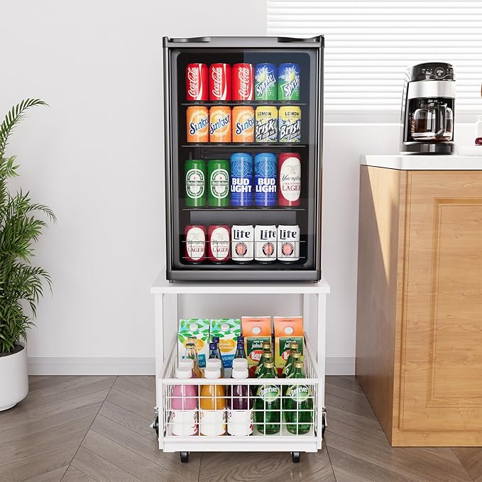 SpaceAid Mini Fridge Stand with Storage, 19.7" W x 19.7" D Heavy Duty Mobile Refrigerator Shelf Stand Table with Wheels, Fridge Cart Organizer with Drawer Basket for Home Dorm Office (White)
