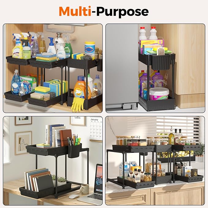 3 Pack Under Sink Organizer, 2 Tier Slide Out Bathroom Cabinet Organizer, Multi-Purpose Storage Shelf for Kitchen, Black, 14.8Inch