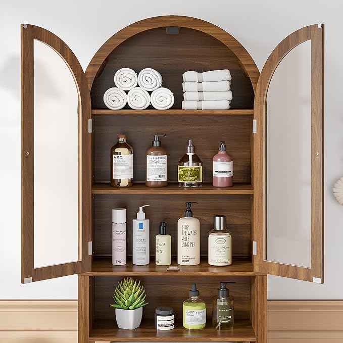 Arched Over The Toilet Storage Cabinet with Acrylic Doors, 4 Tier Small Bathroom Shelf Organizer, Mid Century Modern Bathroom Cabinet with Adjustable Shelf, Slim Narrow Arch Toilet Rack, Walnut