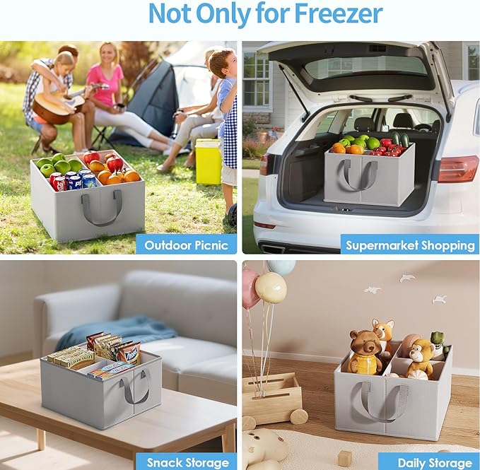 Housolution 2 Pack Freezer Organizer Bins, Collapsible Deep Chest Freezer Organizer Bins with Removable Dividers, Label Pockets, Waterproof Freezer Storage Bins with Portable Handle (14"x14"x9")