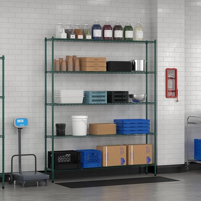 Commercial NSF Listed Green Epoxy Stationary Wire Shelving Kit 12" x 72" x 86", with 5 Shelves Perfect for Warehouse, Walk-in Refrigerator, Freezer, Grocery Store, Restaurant, Dishroom