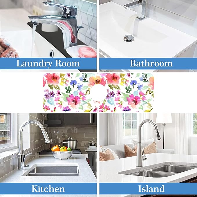 Watercolor Floral Faucet Mat Splash Guard Purple Pink Meadow Flower, Soft Diatom Mud Material, Strong Water Absorption, Non-slip,Easy to Clean for Bathroom, Kitchen 15"X5.5"