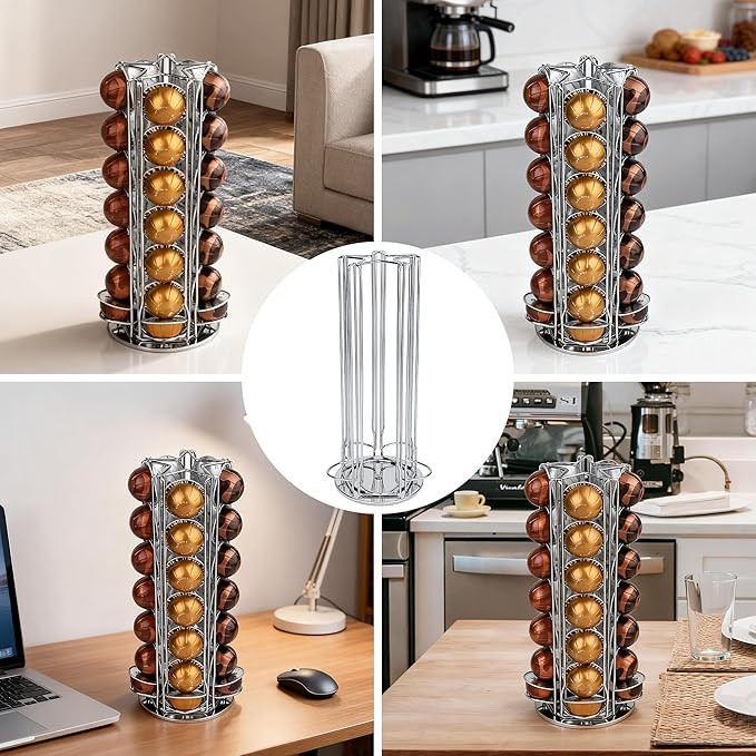 35 Coffee Pods Holder - Silver - 360° Spinning Coffee Pod Carousel Stand | Holds 35 Capsules | Compact Countertop Organizer with Silent Rotation, Durable & Modern