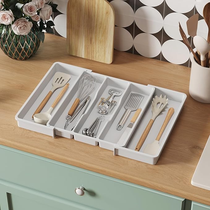 Lifewit Utensil Organizer for Kitchen Drawers, Expandable Cooking Utensil Tray, Adjustable Cutlery Silverware Flatware Holder, Plastic Spatula Tools and Gadgets Storage Divider, White, 13"-22" x 15"