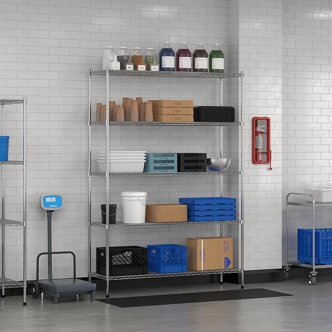 Commercial NSF Listed Chrome Stationary Wire Shelving Kit 18" x 60" x 86", with 5 Shelves Perfect for Warehouse, Walk-in Refrigerator, Freezer, Grocery Store, Restaurant, Dishroom