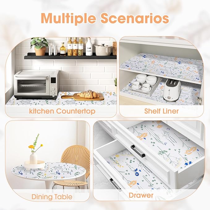 ALIUNI Drawer and Shelf Liner, Non-Slip Kitchen Cabinet Liners Non-Adhesive Thick Strong Grip Waterproof Washable Mats Protect Dresser Shelves Cupboard Bathroom Cabinets, Flower, 12 in X 10 FT