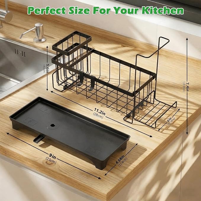 Sponge Holder for Kitchen Sink, Kitchen Sink Caddy Organizer with Detachable Cloth & Brush Holder, Auto Draining Countertop Organizers & Storage Essentials Accessories with 360° Rotatable Spout(Black)