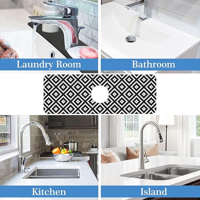 White Geometric Tile Faucet Mat Splash Guard Stylish Texture Rhombu, Soft Diatom Mud Material, Strong Water Absorption, Non-slip,Easy to Clean for Bathroom, Kitchen 15"X5.5"