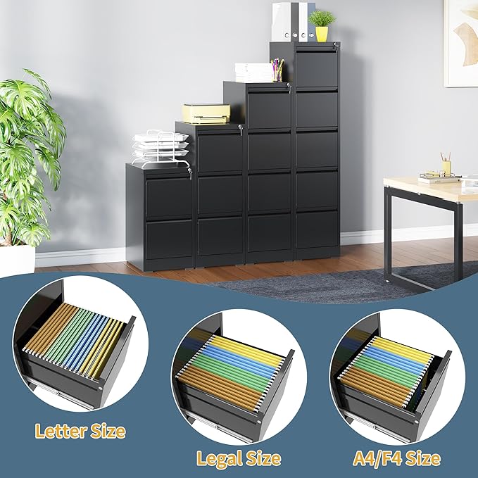 2 Drawer File Cabinet with Lock, Vertical Filing Cabinets for Home Office, Metal Storage Cabinets, Heavy Duty File Cabinet for Letter/Legal/A4/F4 Size Amsseble Required, Black