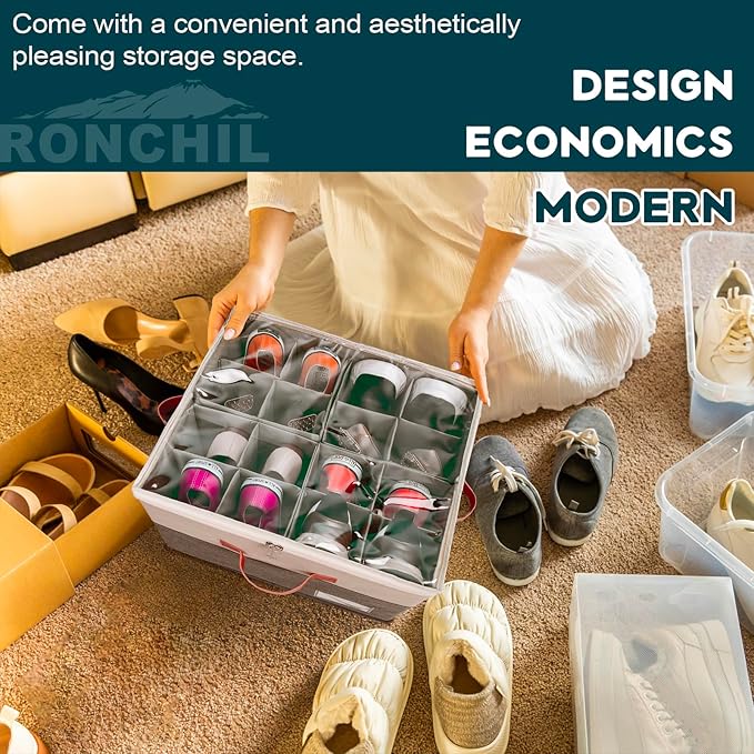 RONCHIL Shoe Organizer for Closet, Foldable Shoe Storage Bins with Clear Cover, Space Saving Shoes Holder with 4 Handles, Large Adjustable Shoe Box Storage Containers, Fits 8-16 Pairs, 1 Pack, Beige